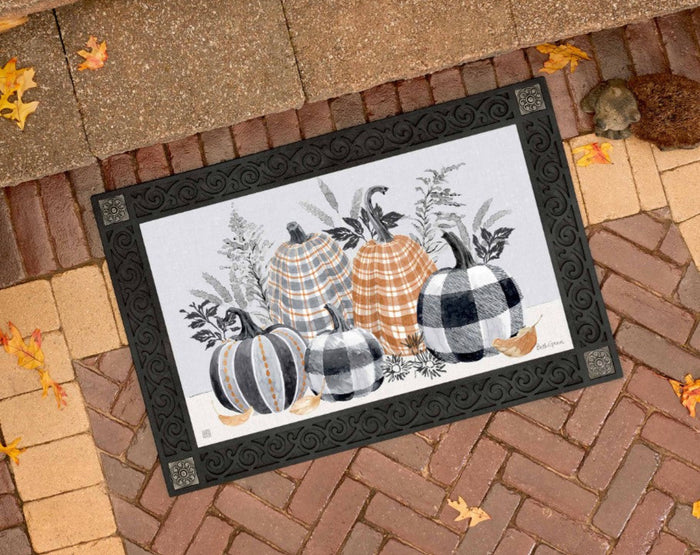 Hello Fall Plaid Door Mat Gray, White and Orange