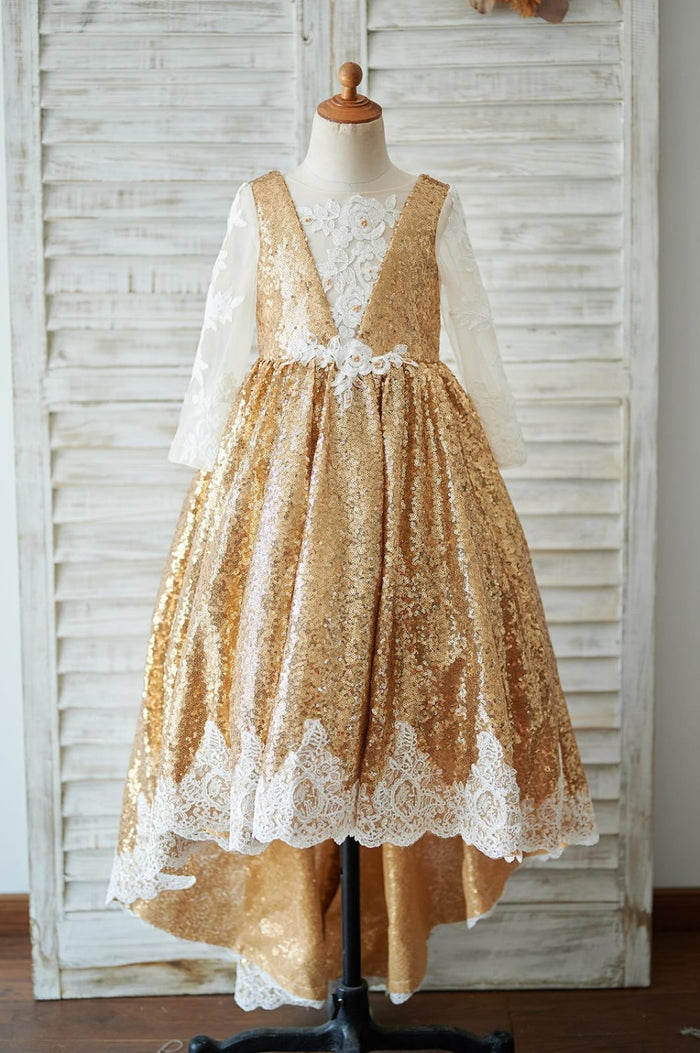 Hi Low Gold Sequin Ivory Lace Tulle Long Sleeves V Neck