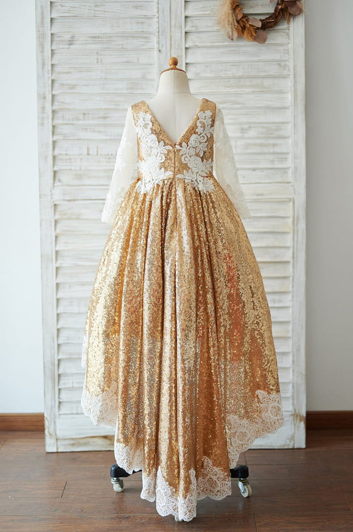 Hi Low Gold Sequin Ivory Lace Tulle Long Sleeves V Neck