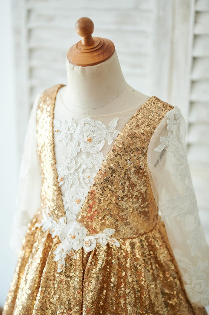 Hi Low Gold Sequin Ivory Lace Tulle Long Sleeves V Neck