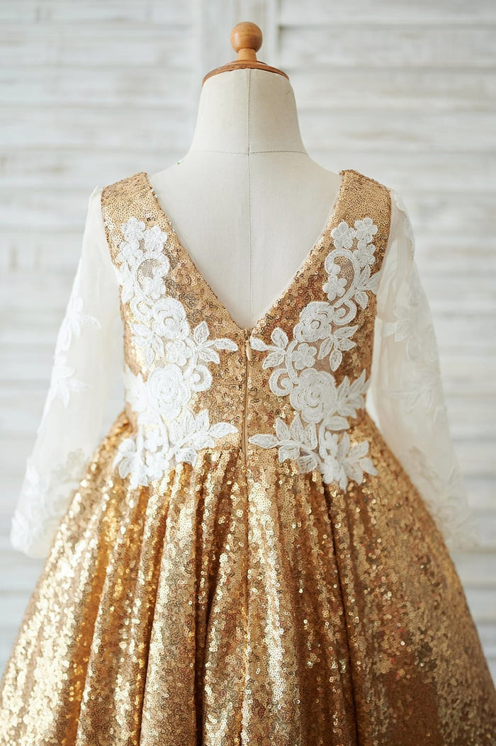 Hi Low Gold Sequin Ivory Lace Tulle Long Sleeves V Neck