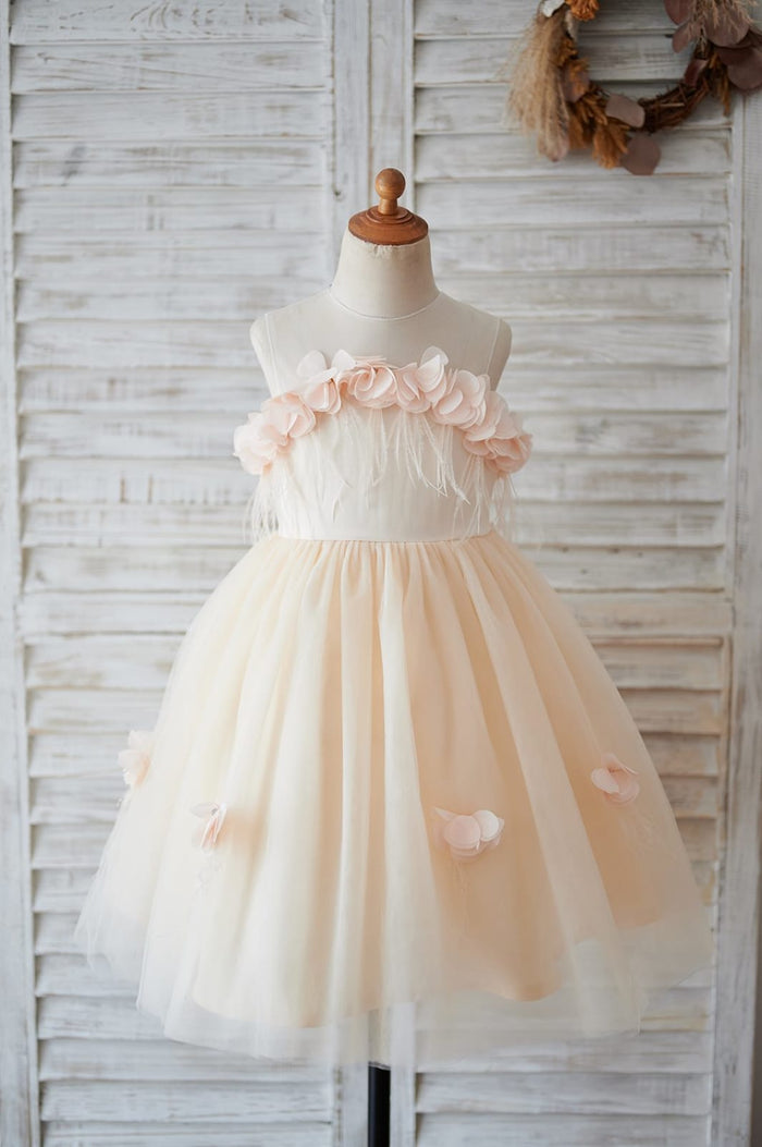 Illusion Champagne Tulle Feathers Wedding Party Flower Girl