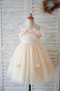 Illusion Champagne Tulle Feathers Wedding Party Flower Girl
