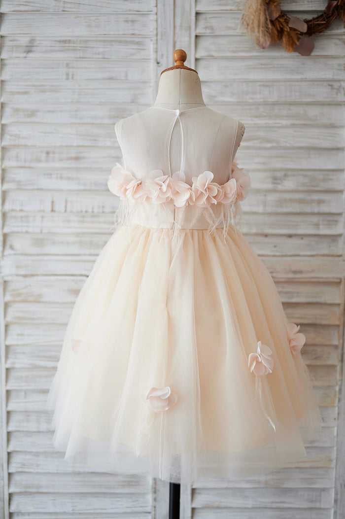 Illusion Champagne Tulle Feathers Wedding Party Flower Girl