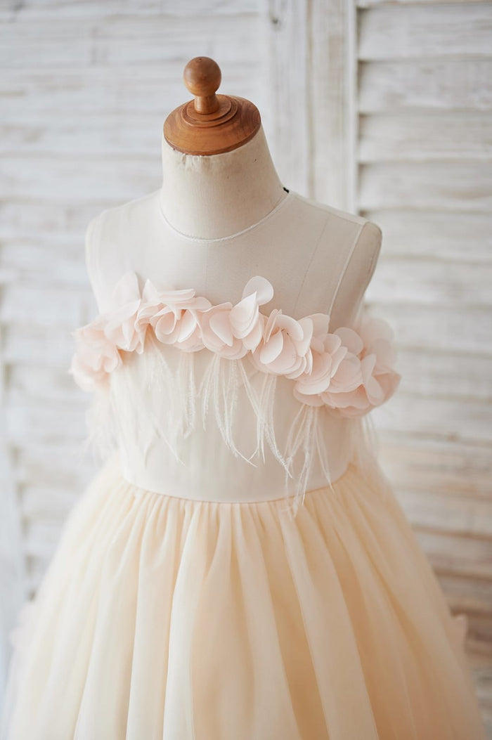 Illusion Champagne Tulle Feathers Wedding Party Flower Girl