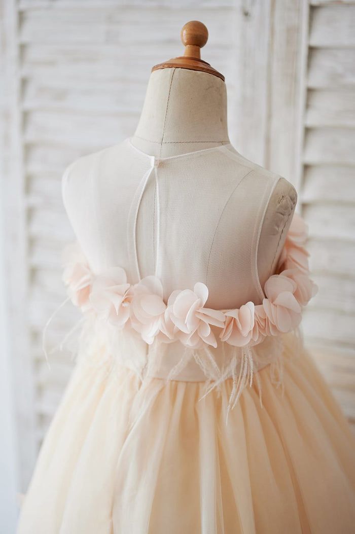 Illusion Champagne Tulle Feathers Wedding Party Flower Girl