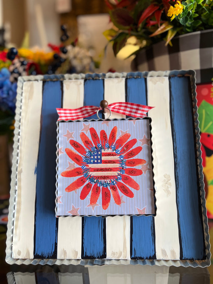 Blue and White Stripe Display Stand for Mini Prints or Charms Attached Easel on Backside