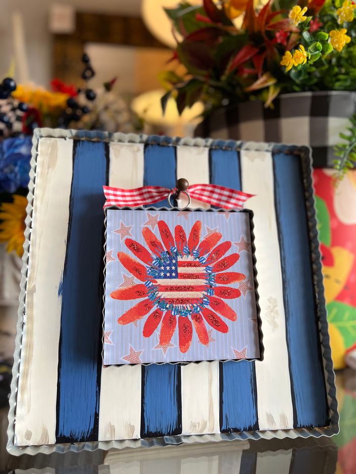 Blue and White Stripe Display Stand for Mini Prints or Charms Attached Easel on Backside
