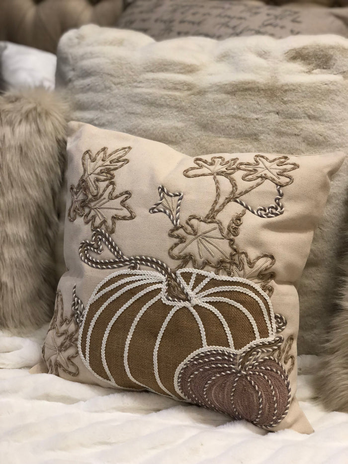Cottage Harvest Rope Pillow Fall Autumn Light Taupe, White and Gray Pumpkin Embroidered Pillow