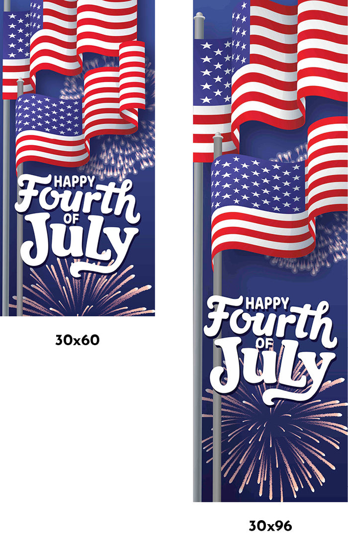 Two 'Happy Fourth of July' flags with American flags and fireworks on a blue background.