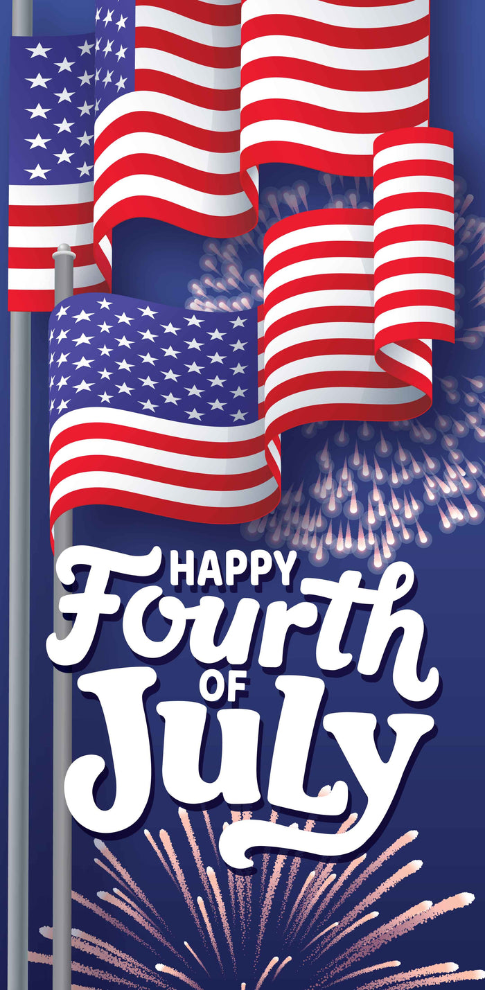 American flags waving with 'Happy Fourth of July' text against a blue background with fireworks.