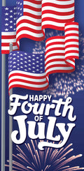 American flags waving with 'Happy Fourth of July' text against a blue background with fireworks.