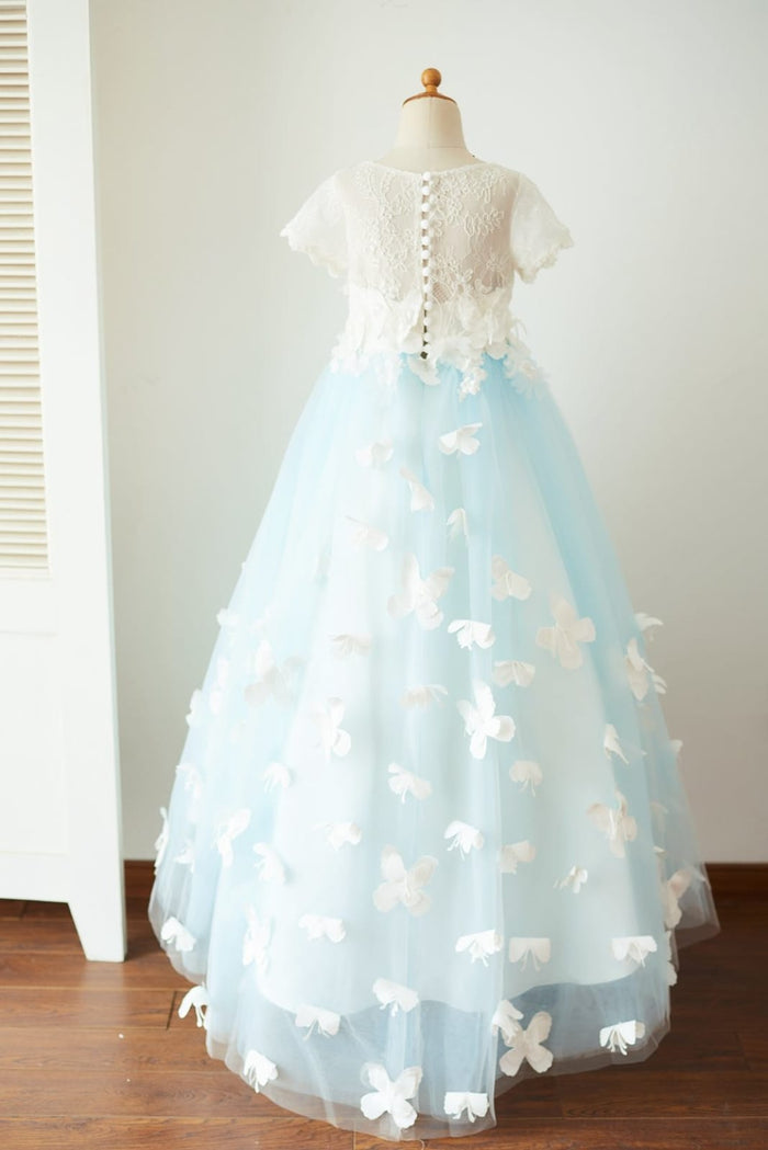 Ivory Lace Blue Tulle Short Sleeves Wedding Flower Girl
