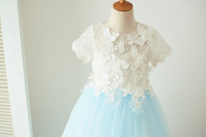 Ivory Lace Blue Tulle Short Sleeves Wedding Flower Girl