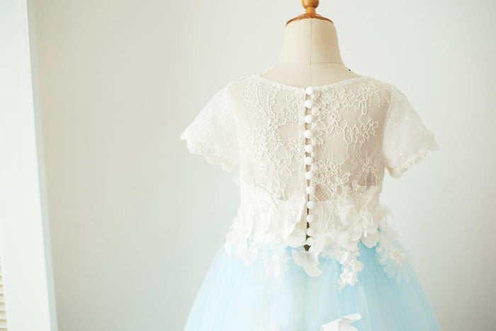 Ivory Lace Blue Tulle Short Sleeves Wedding Flower Girl