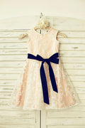Lace Flower Girl Dress with Navy Blue Sash /Blush Pink