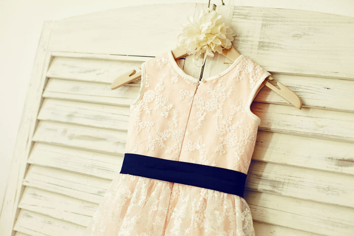 Lace Flower Girl Dress with Navy Blue Sash /Blush Pink
