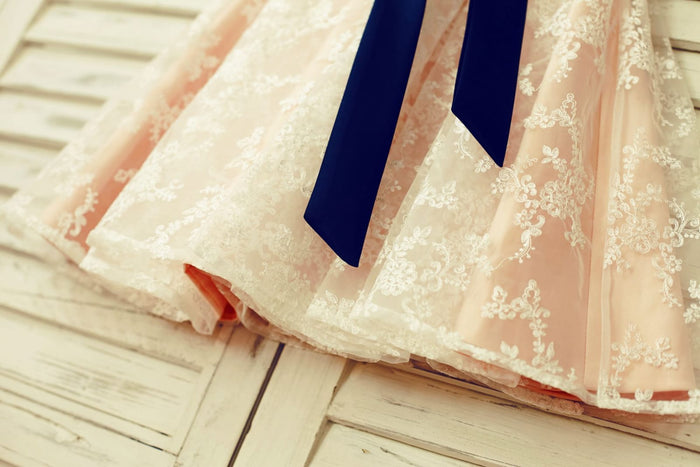 Lace Flower Girl Dress with Navy Blue Sash /Blush Pink