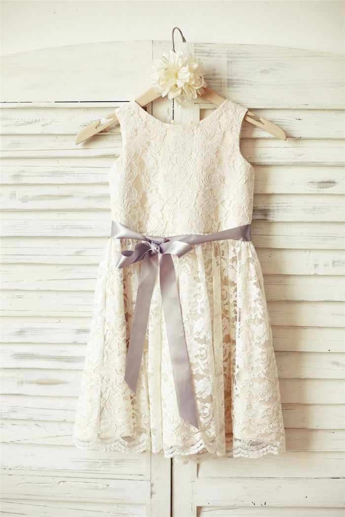 Ivory Lace Champagne lining Flower Girl Dress with silver