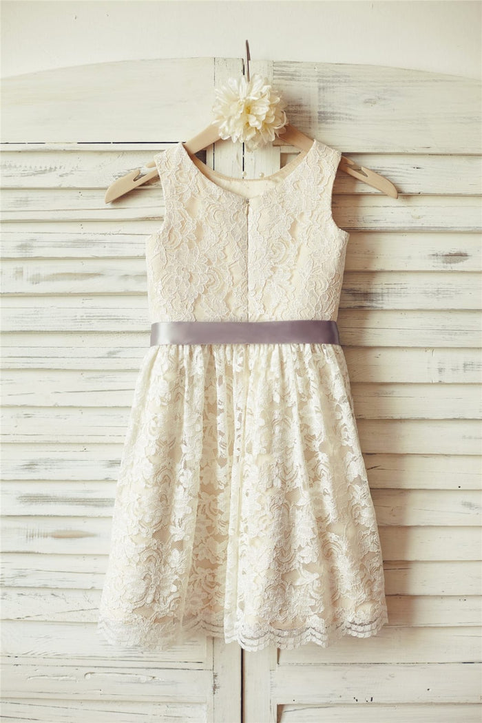 Ivory Lace Champagne lining Flower Girl Dress with silver