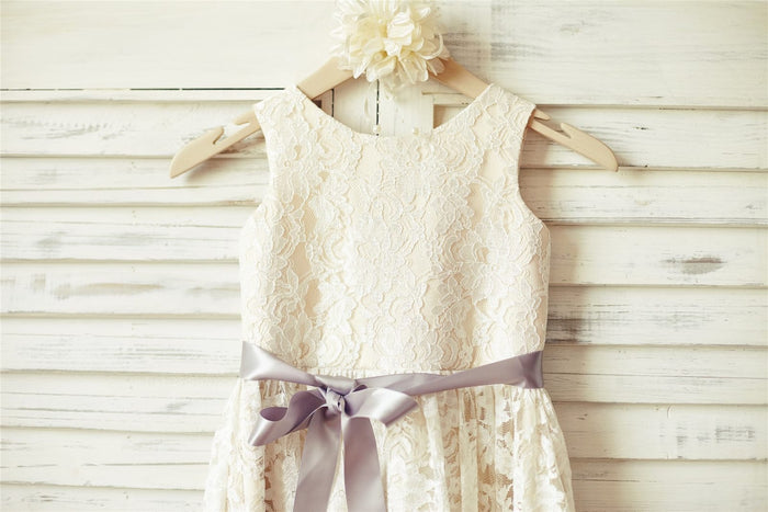 Ivory Lace Champagne lining Flower Girl Dress with silver