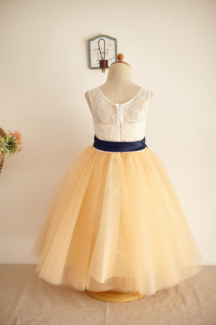 Ivory Lace Champagne Tulle Wedding Flower Girl Dress with