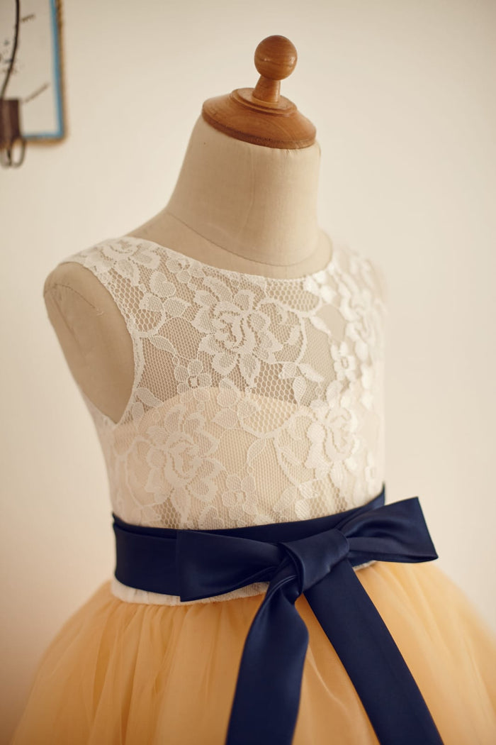 Ivory Lace Champagne Tulle Wedding Flower Girl Dress with
