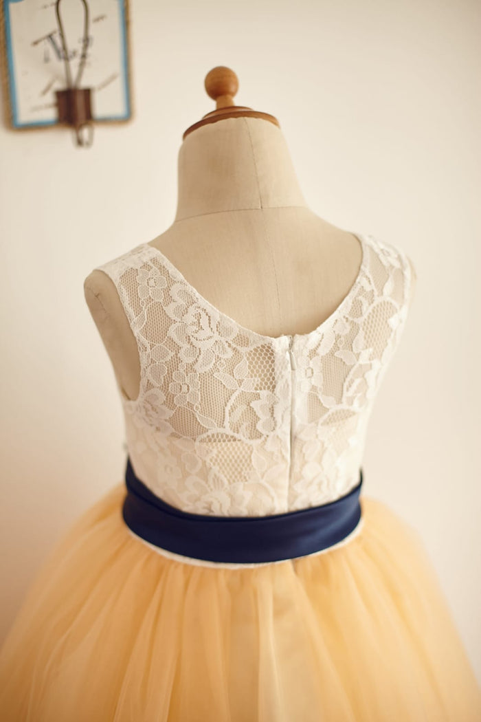 Ivory Lace Champagne Tulle Wedding Flower Girl Dress with