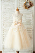 Ivory Lace Champagne Tulle Wedding Party Flower Girl Dress