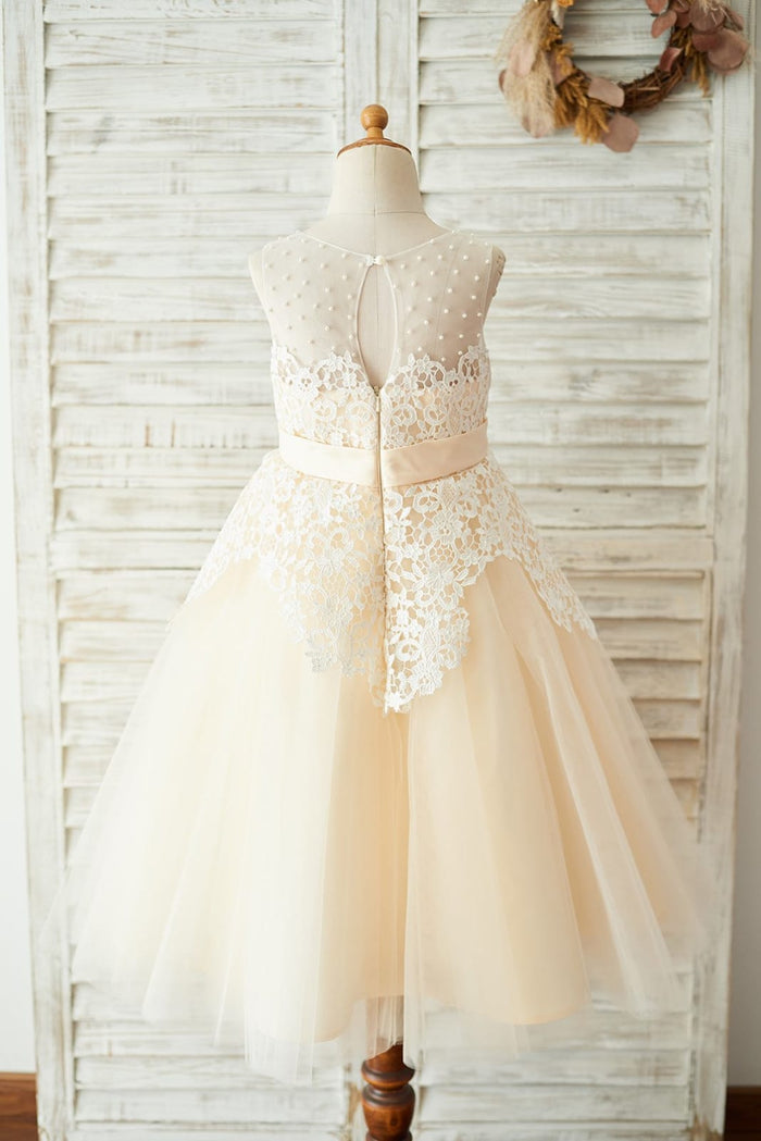 Ivory Lace Champagne Tulle Wedding Party Flower Girl Dress