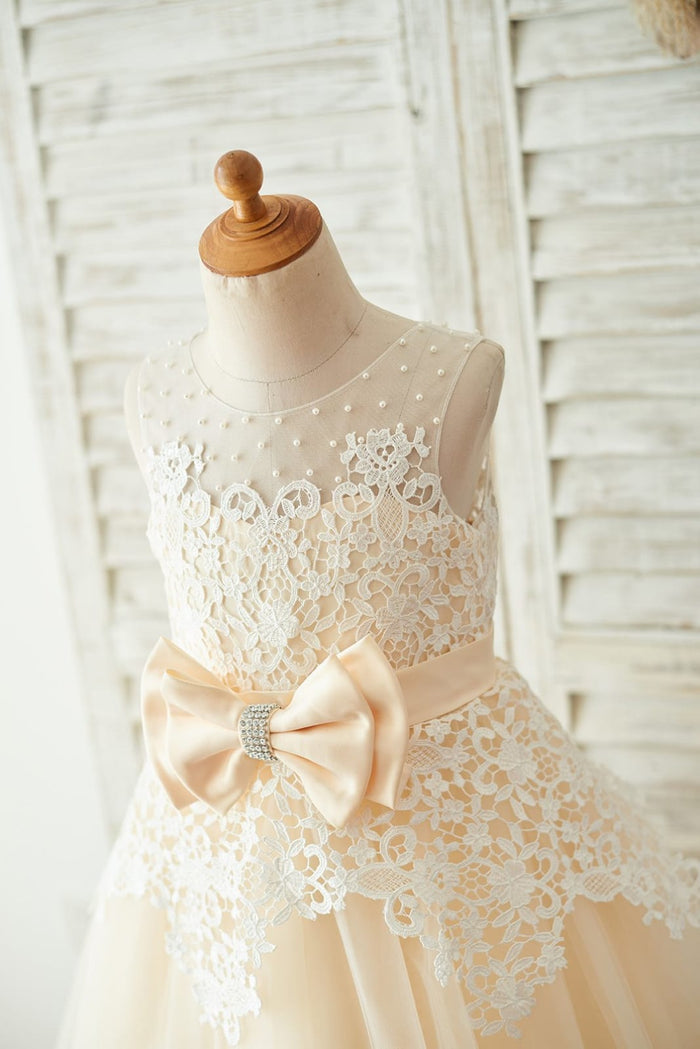 Ivory Lace Champagne Tulle Wedding Party Flower Girl Dress