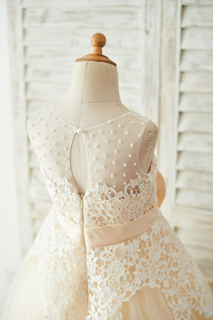 Ivory Lace Champagne Tulle Wedding Party Flower Girl Dress