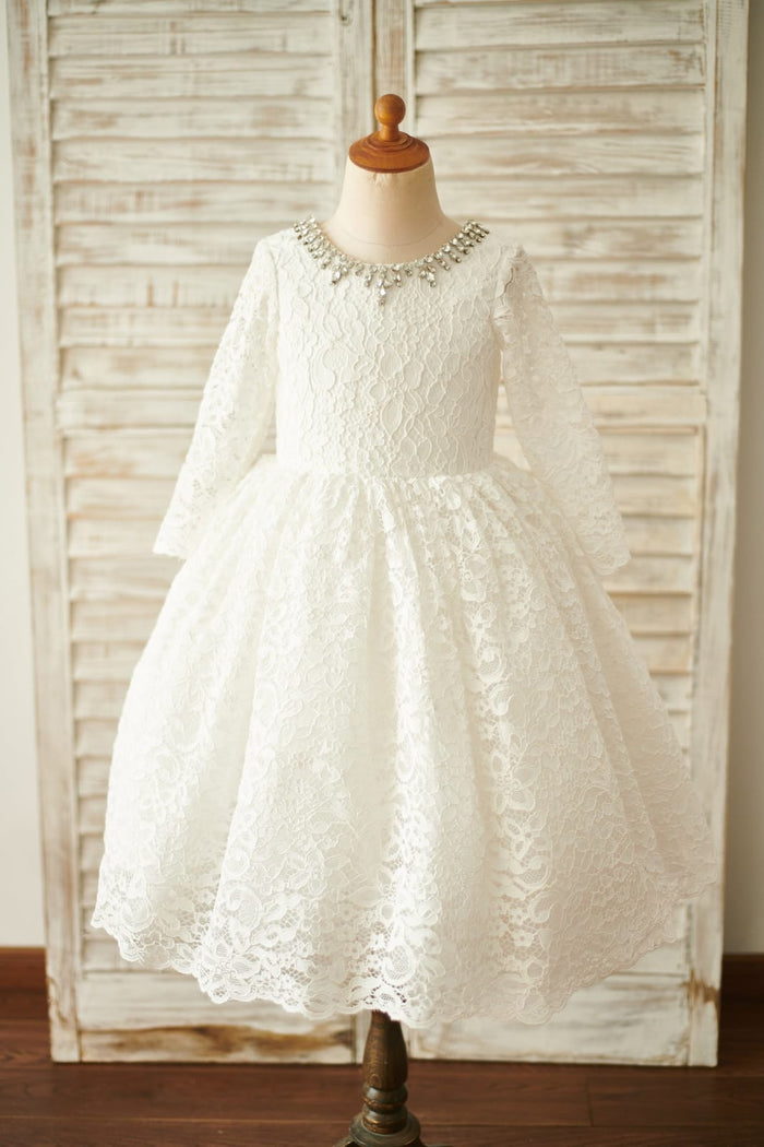 Ivory Lace Long Sleeves Wedding Flower Girl Dress with