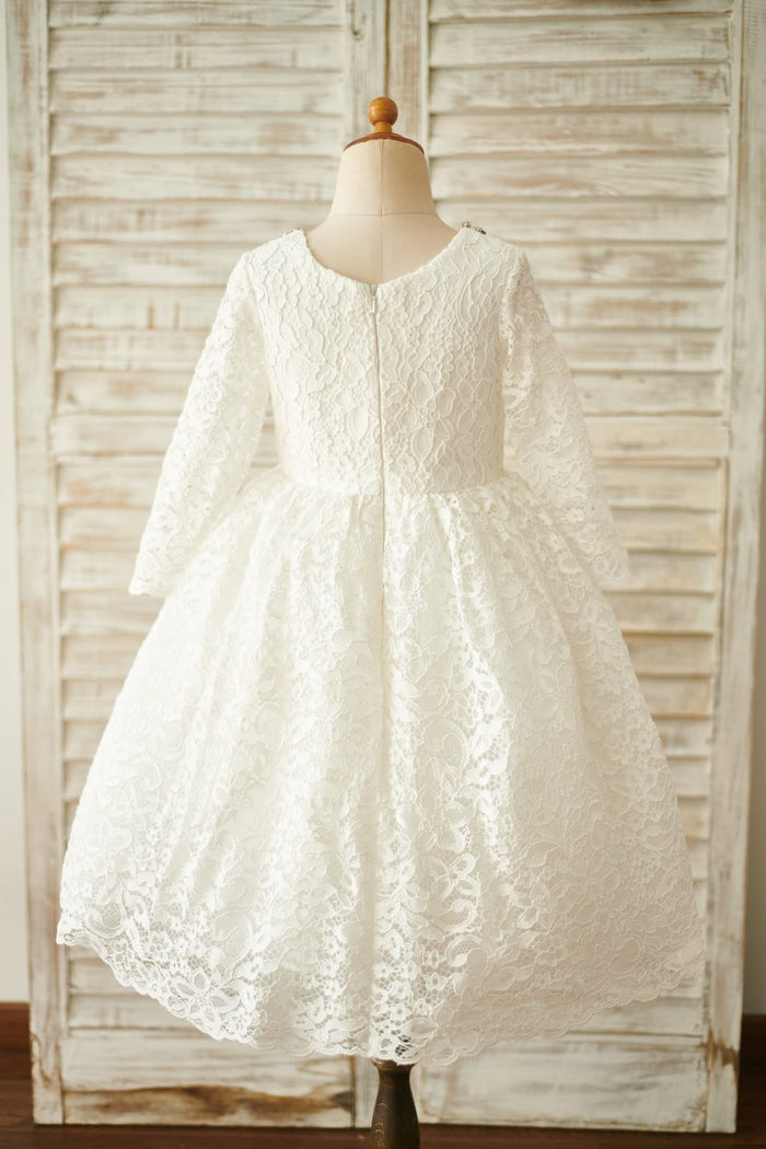 Ivory Lace Long Sleeves Wedding Flower Girl Dress with