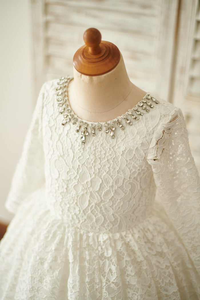 Ivory Lace Long Sleeves Wedding Flower Girl Dress with