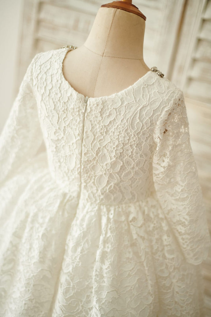 Ivory Lace Long Sleeves Wedding Flower Girl Dress with