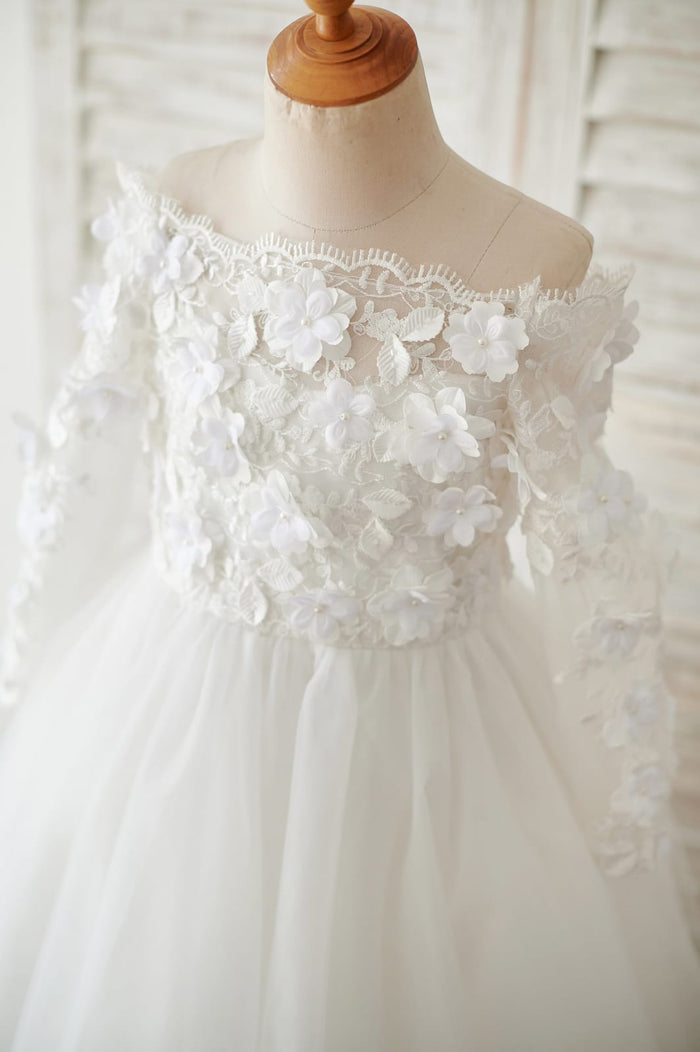 Ivory Lace Tulle Off Shoulder Long Sleeves Wedding Flower