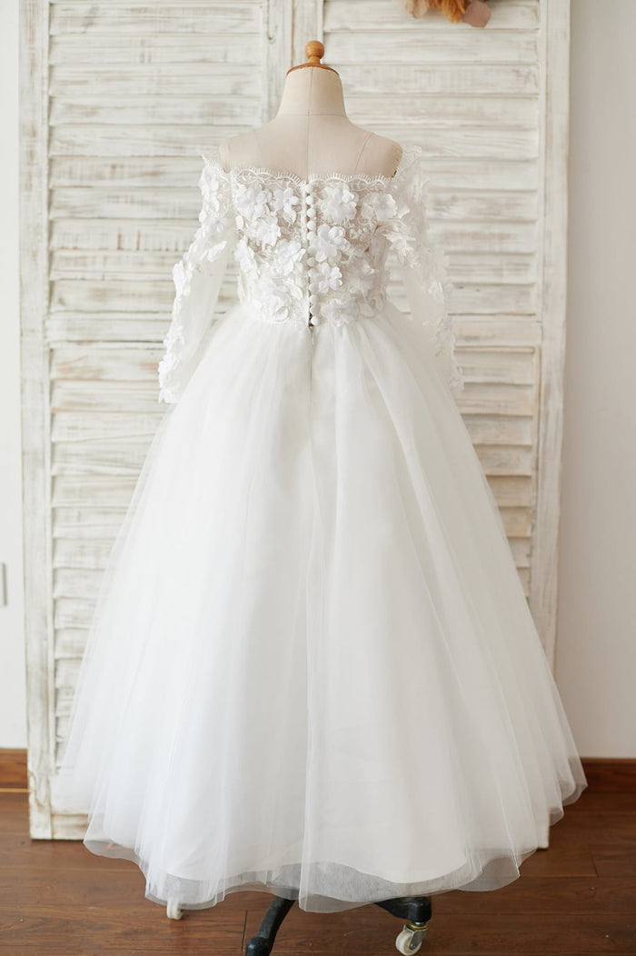Ivory Lace Tulle Off Shoulder Long Sleeves Wedding Flower
