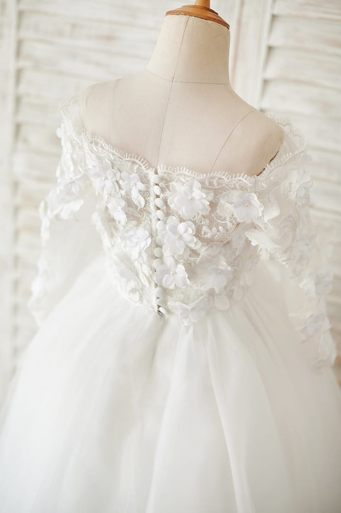 Ivory Lace Tulle Off Shoulder Long Sleeves Wedding Flower