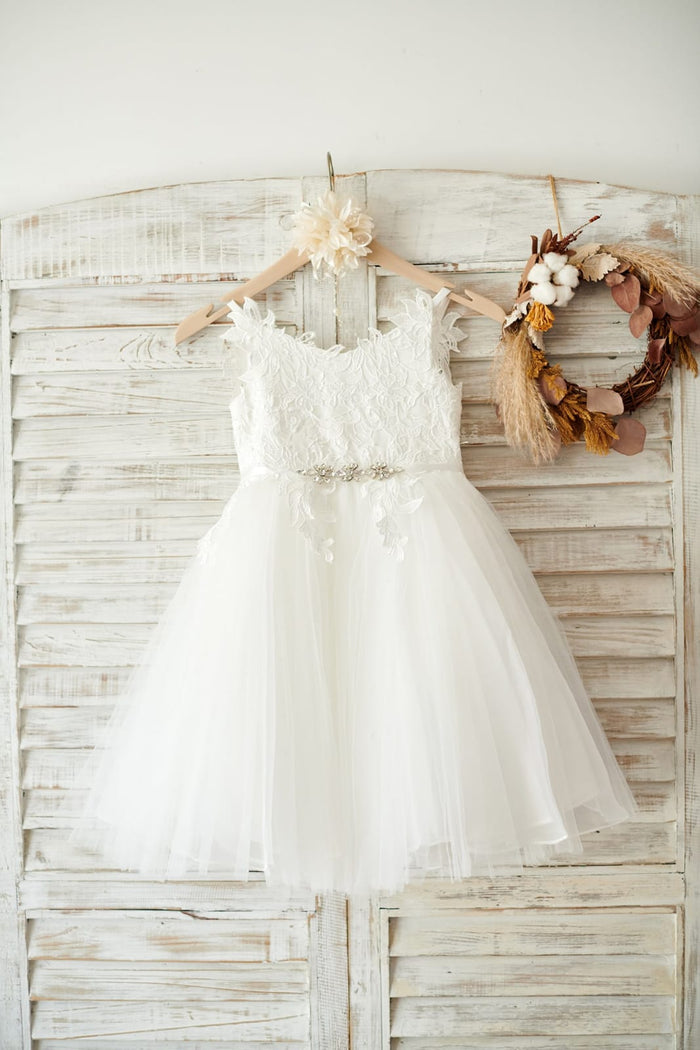 Ivory lace Tulle Spaghetti straps Wedding Flower Girl Dress