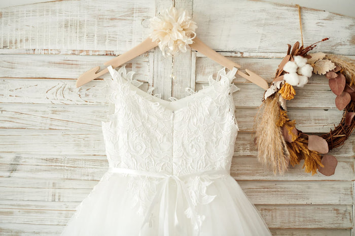 Ivory lace Tulle Spaghetti straps Wedding Flower Girl Dress