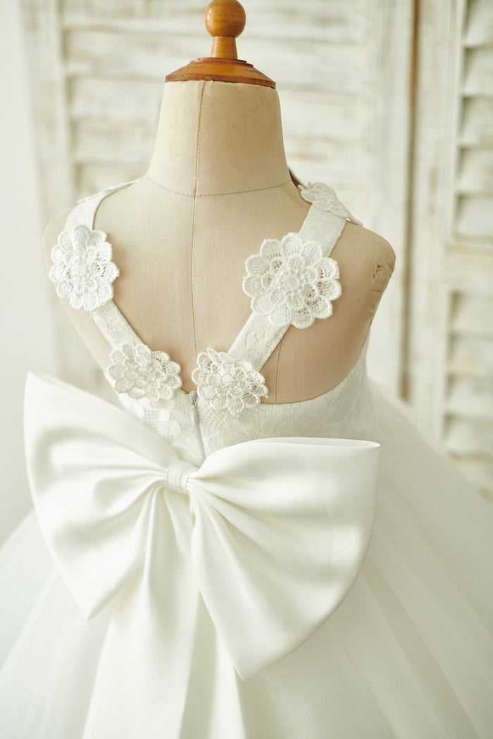 Ivory Lace Tulle Straps Wedding Flower Girl Dress with Big