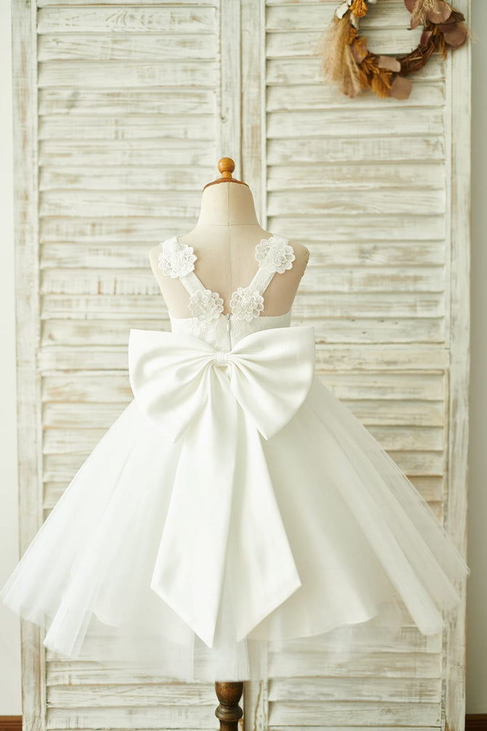 Ivory Lace Tulle Straps Wedding Flower Girl Dress with Big