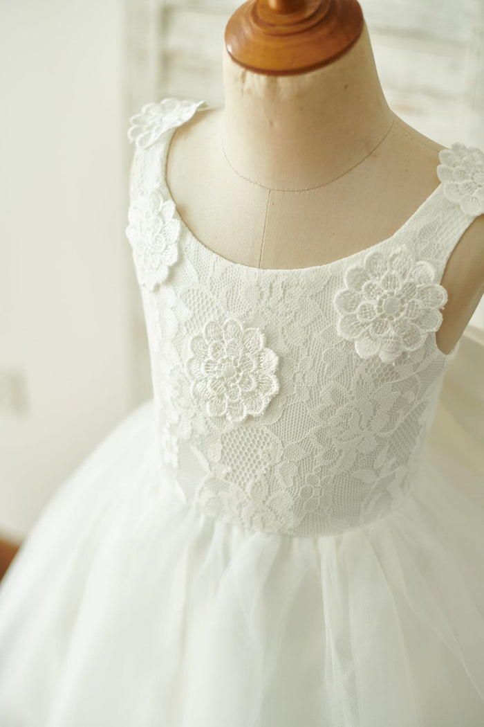 Ivory Lace Tulle Straps Wedding Flower Girl Dress with Big