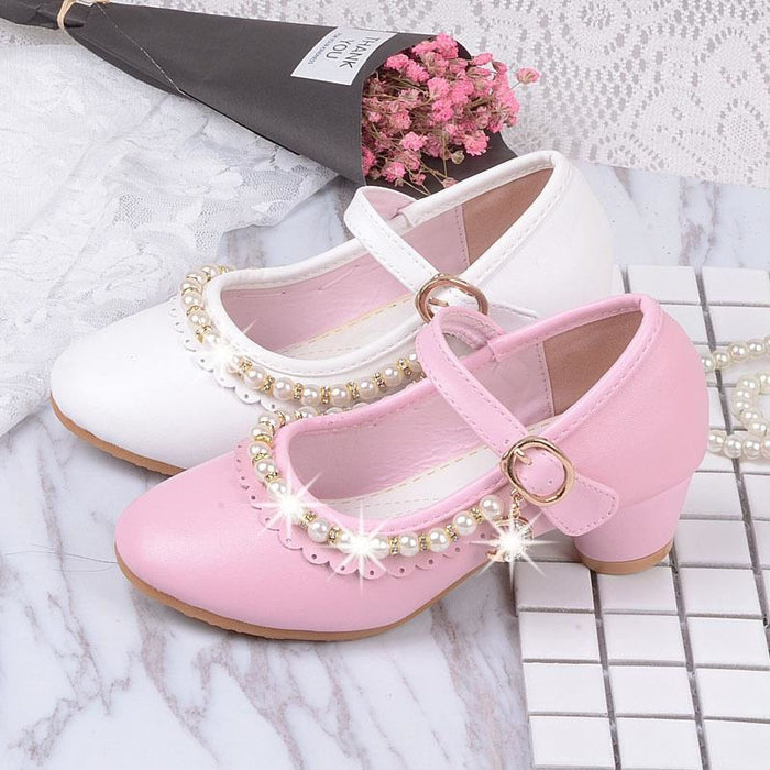 Ivory / Pink Leather Rhinestone Pearls Wedding Flower Girl
