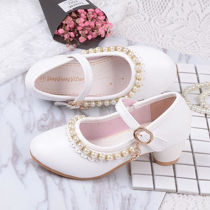 Ivory / Pink Leather Rhinestone Pearls Wedding Flower Girl