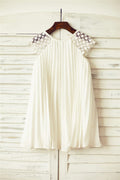 Ivory Pleated Chiffon Lace Flower Girl Dress with Cap