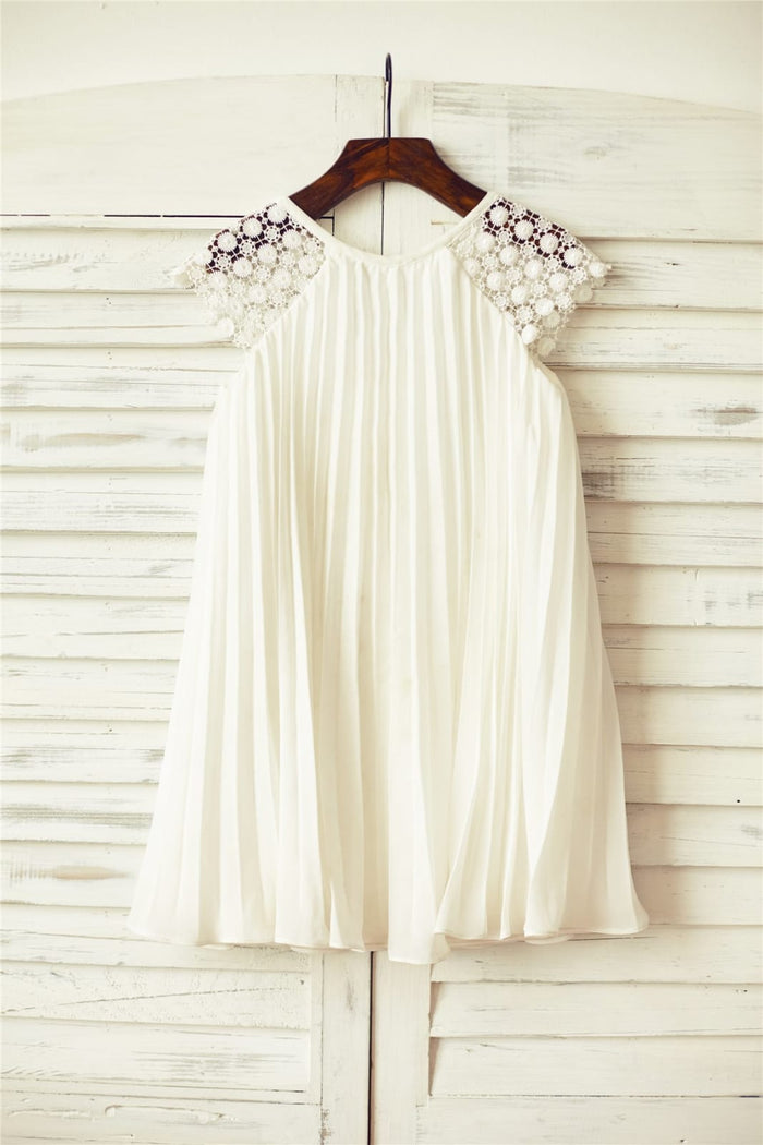 Ivory Pleated Chiffon Lace Flower Girl Dress with Cap