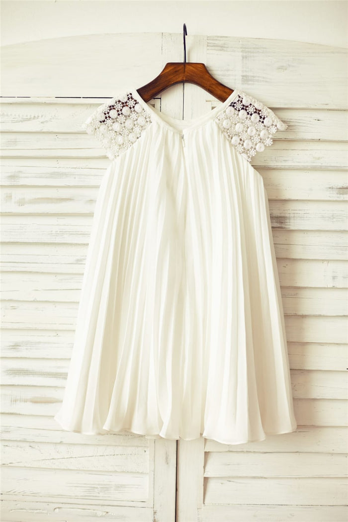 Ivory Pleated Chiffon Lace Flower Girl Dress with Cap