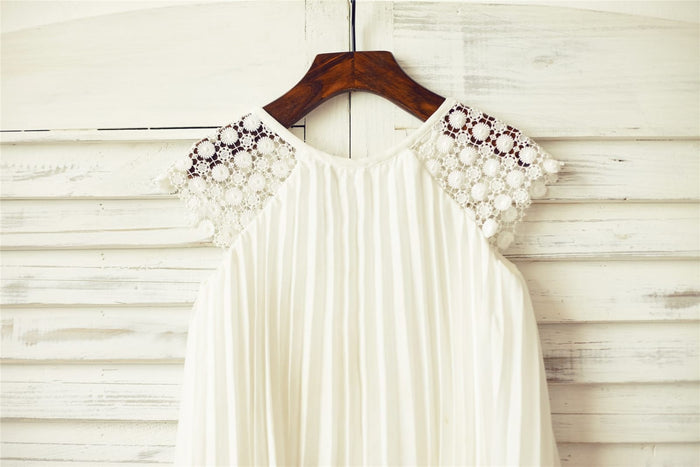 Ivory Pleated Chiffon Lace Flower Girl Dress with Cap